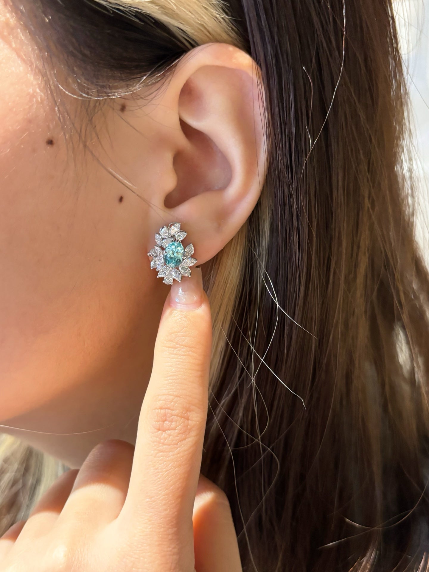 Lab Grown Paraiba Tourmaline Floral Earrings | Ocean Whispers of Serenity | 18K White Gold