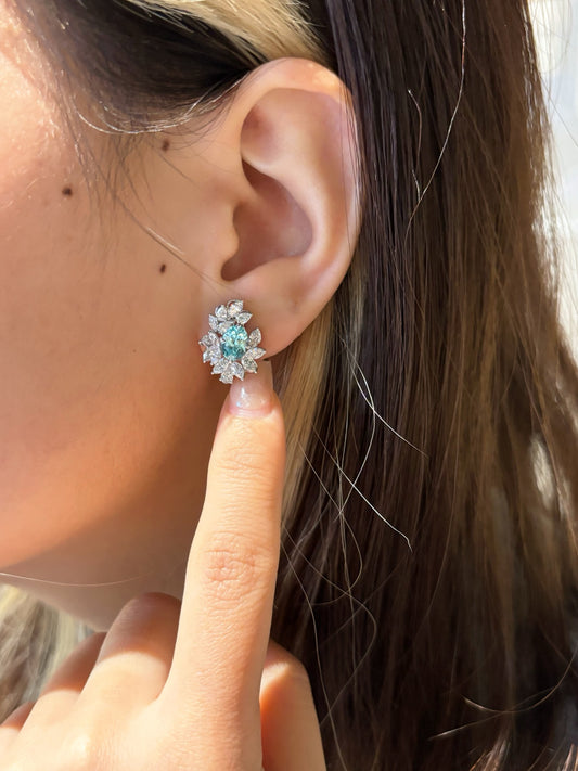 Lab Grown Paraiba Tourmaline Floral Earrings | Ocean Whispers of Serenity | 18K White Gold