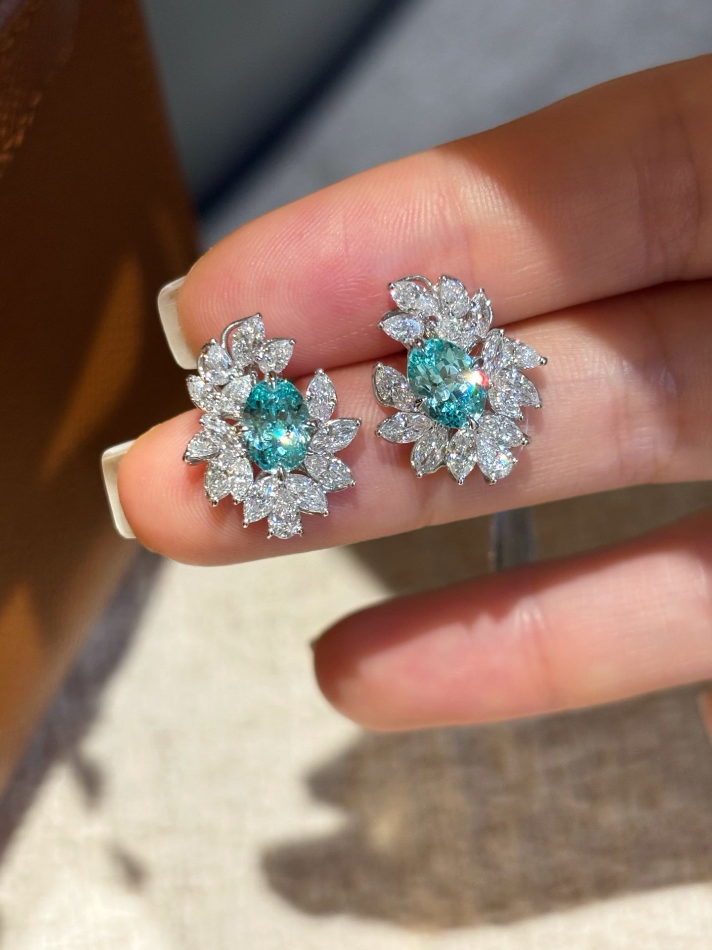 Lab Grown Paraiba Tourmaline Floral Earrings | Ocean Whispers of Serenity | 18K White Gold