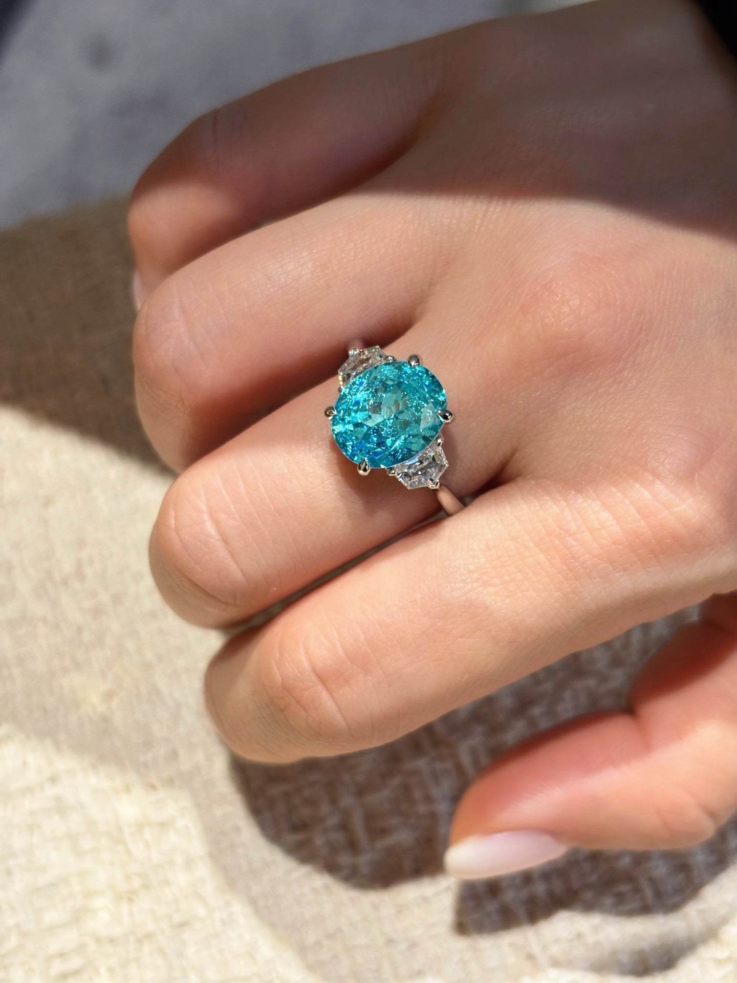 6.35ct 6.17g Stunning Neon Blue Paraiba Ring with Diamond Accents | Lab-Grown Luxury