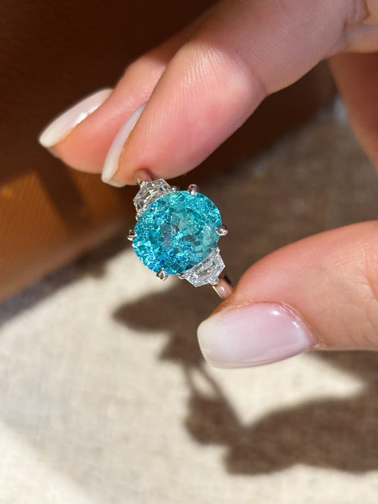 6.35ct 6.17g Stunning Neon Blue Paraiba Ring with Diamond Accents | Lab-Grown Luxury