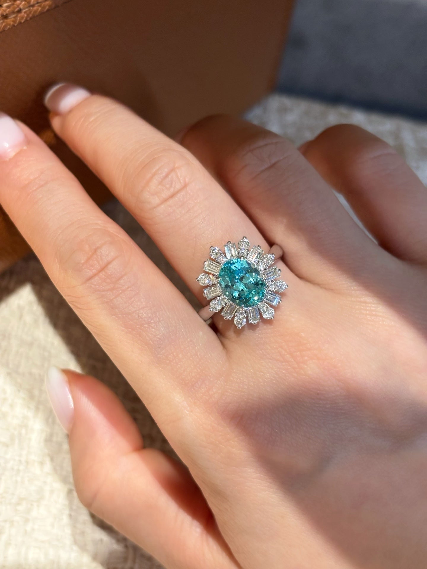 Lab Grown Paraiba Tourmaline Sunburst Ring | Everyday Elegance & Timeless Gifting | 18K White Gold