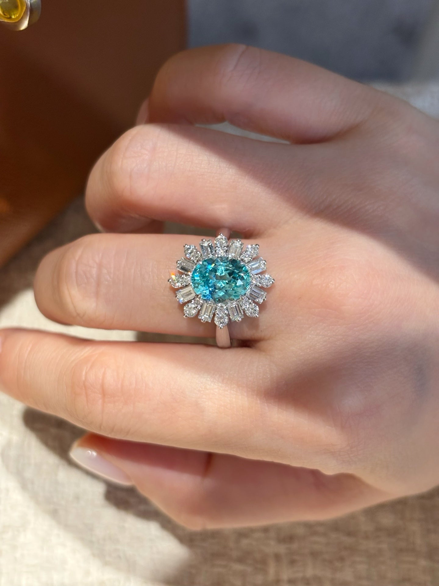 Lab Grown Paraiba Tourmaline Sunburst Ring | Everyday Elegance & Timeless Gifting | 18K White Gold