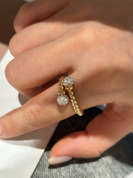 Lab Grown Diamond Bypass Ring | Twisted Rope Band with Pavé Ball Ends | 18K Gold