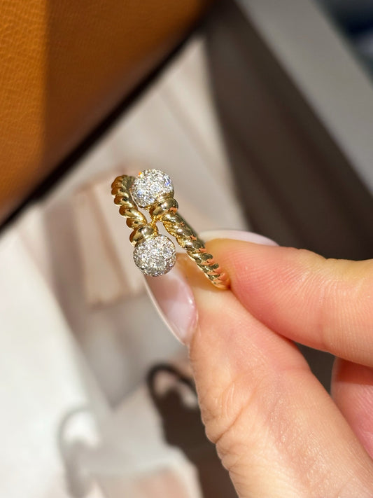 Lab Grown Diamond Bypass Ring | Twisted Rope Band with Pavé Ball Ends | 18K Gold