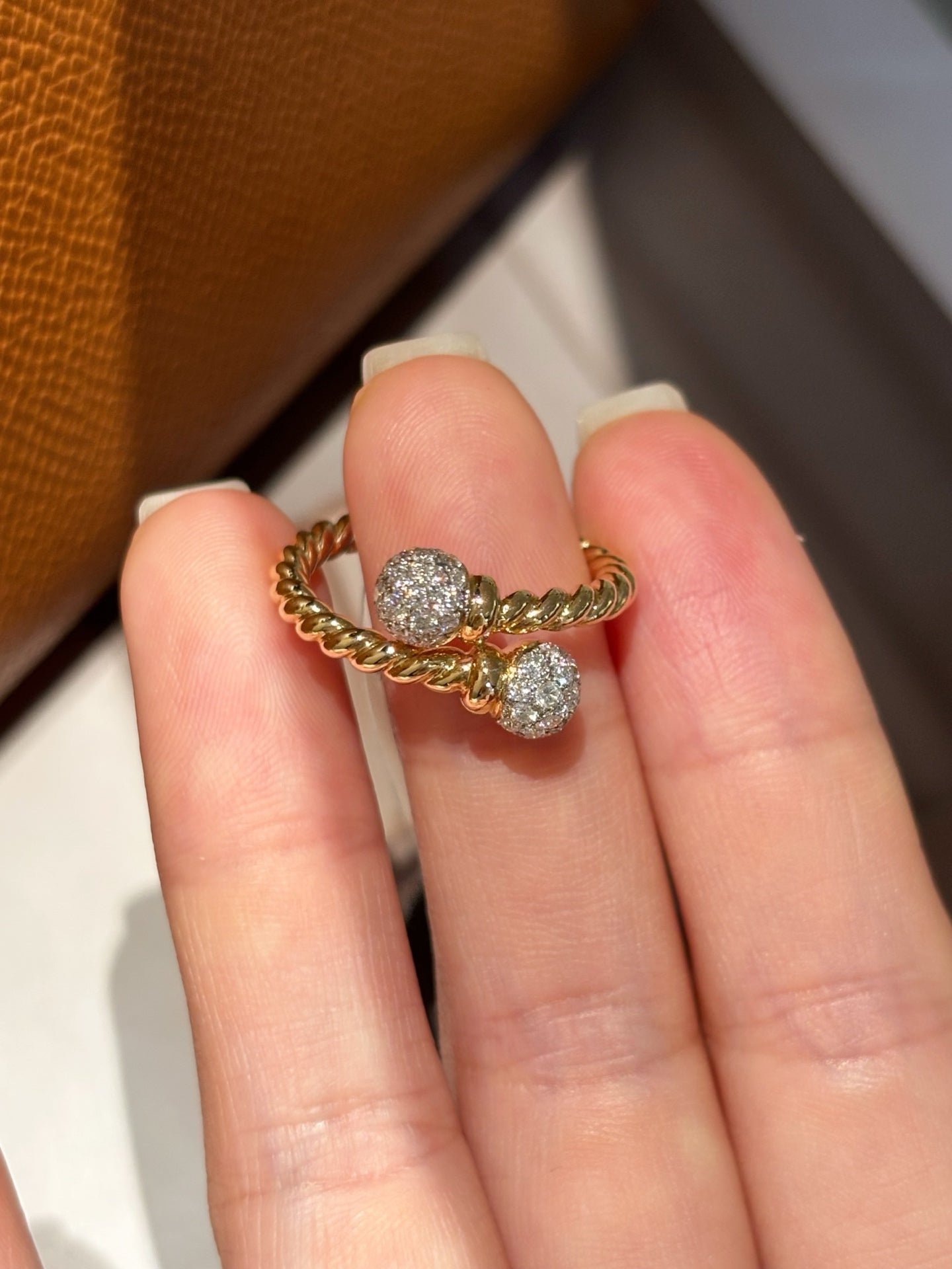 Lab Grown Diamond Bypass Ring | Twisted Rope Band with Pavé Ball Ends | 18K Gold