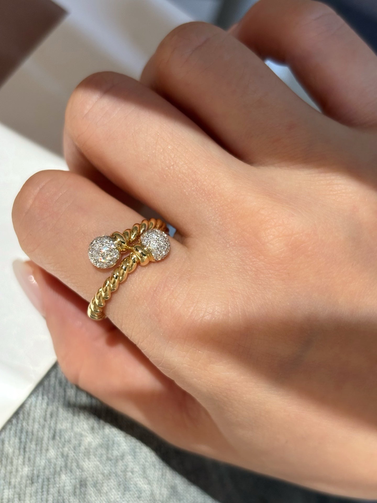 Lab Grown Diamond Bypass Ring | Twisted Rope Band with Pavé Ball Ends | 18K Gold