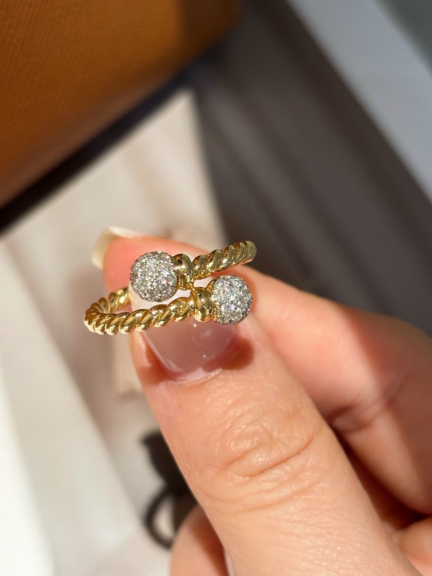 Lab Grown Diamond Bypass Ring | Twisted Rope Band with Pavé Ball Ends | 18K Gold