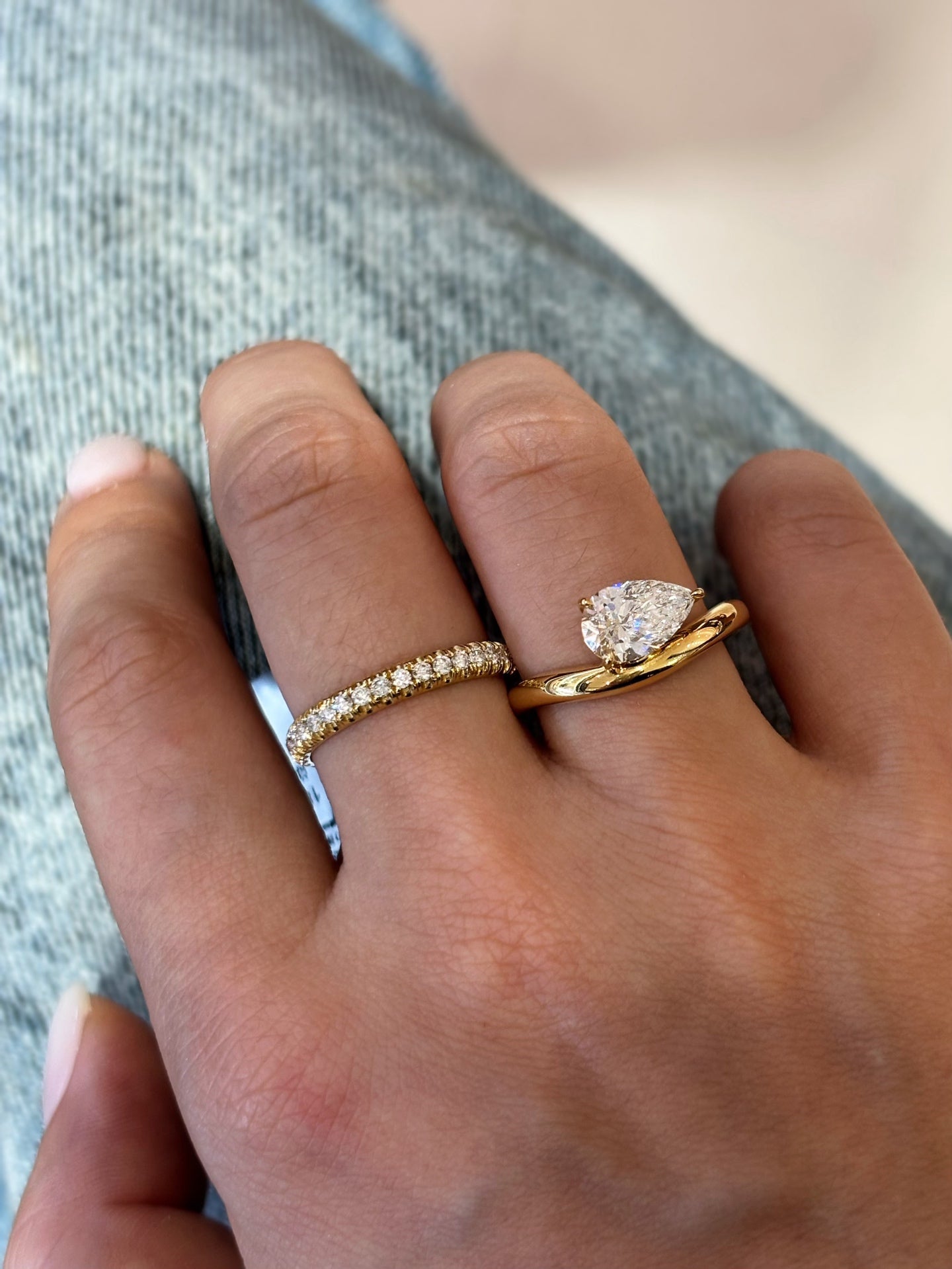 Pear Cut Lab Grown Diamond Solitaire Engagement Ring | Modern Bypass Band | 18K Gold
