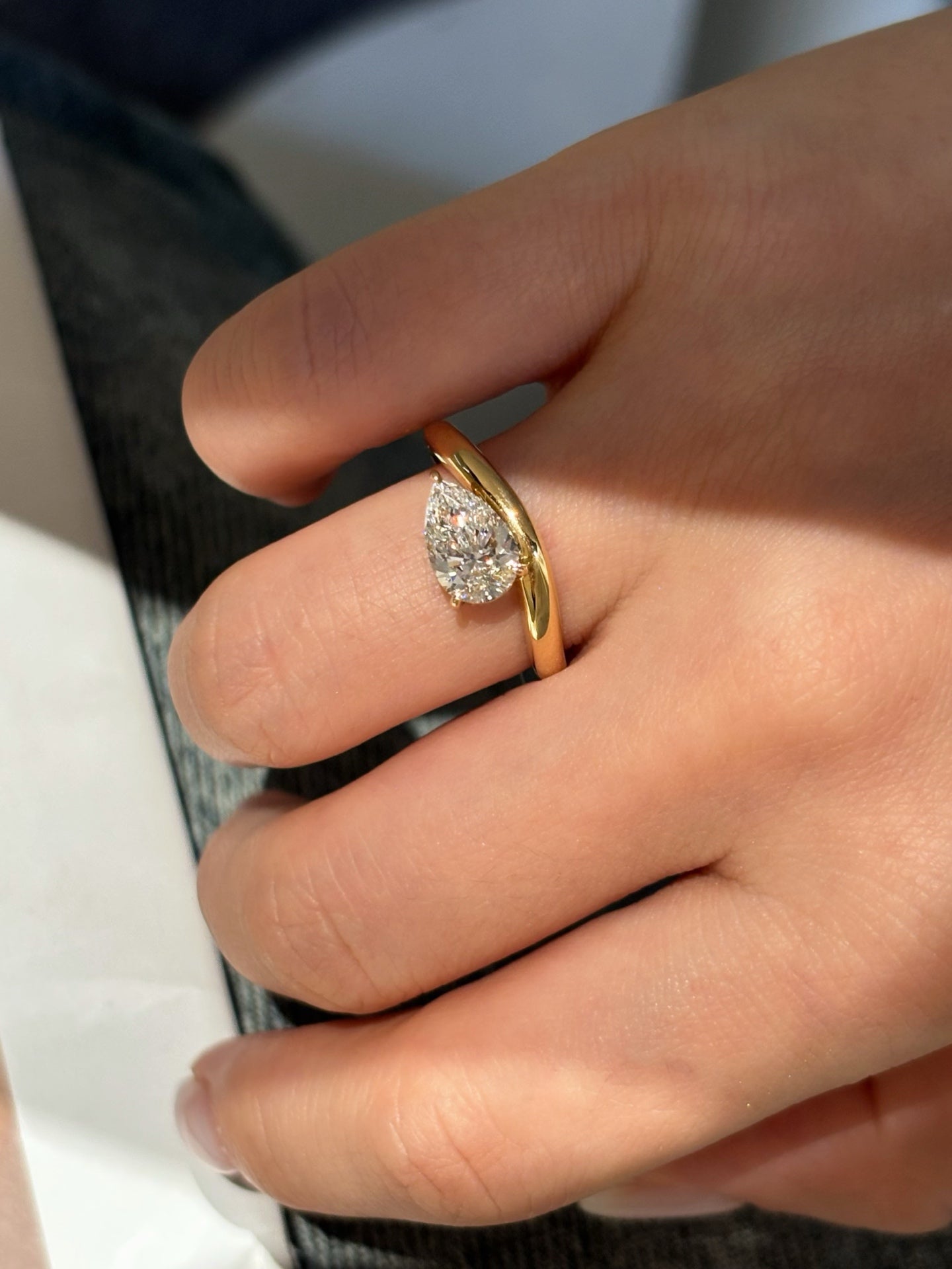 Pear Cut Lab Grown Diamond Solitaire Engagement Ring | Modern Bypass Band | 18K Gold