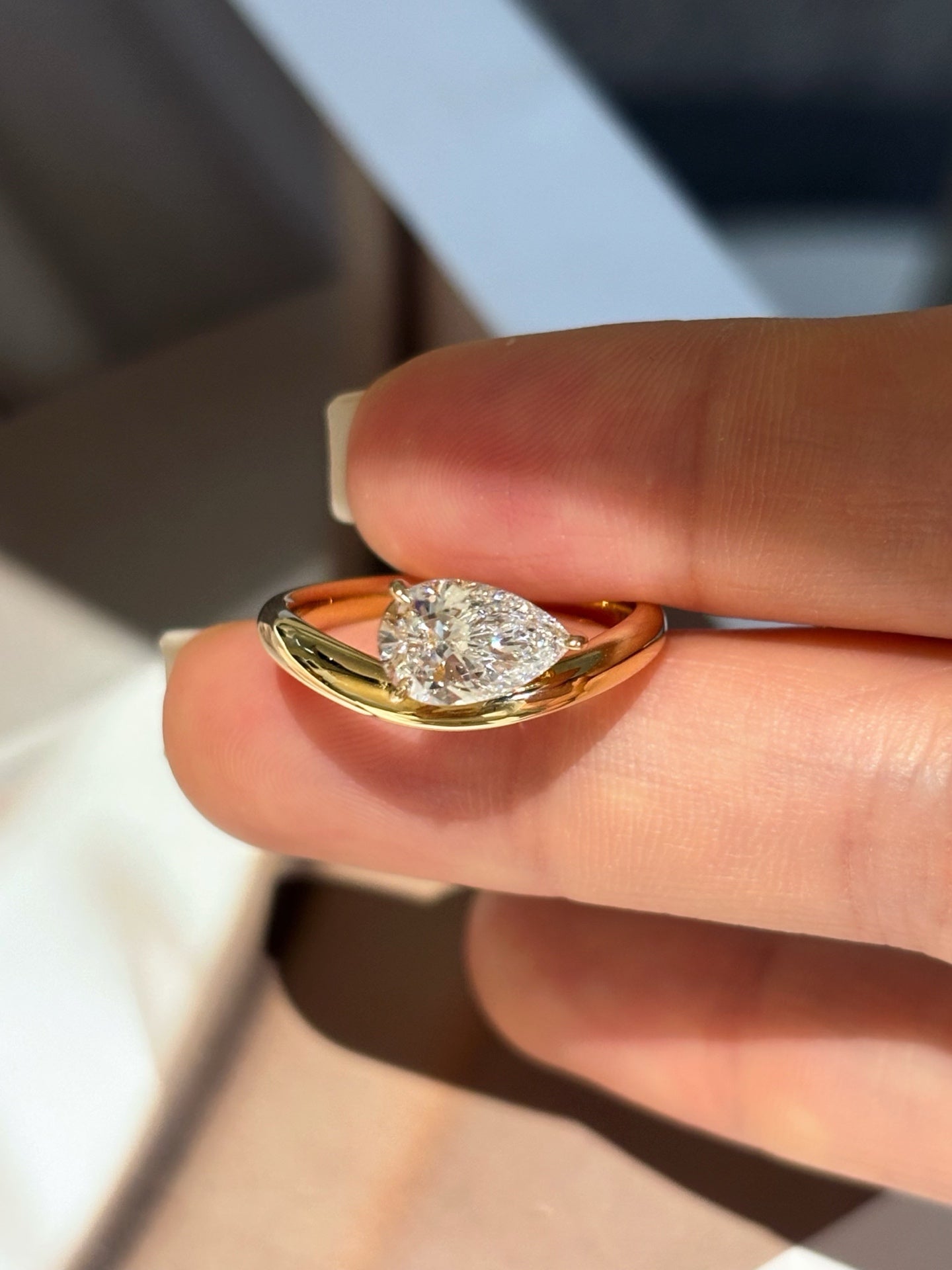 Pear Cut Lab Grown Diamond Solitaire Engagement Ring | Modern Bypass Band | 18K Gold