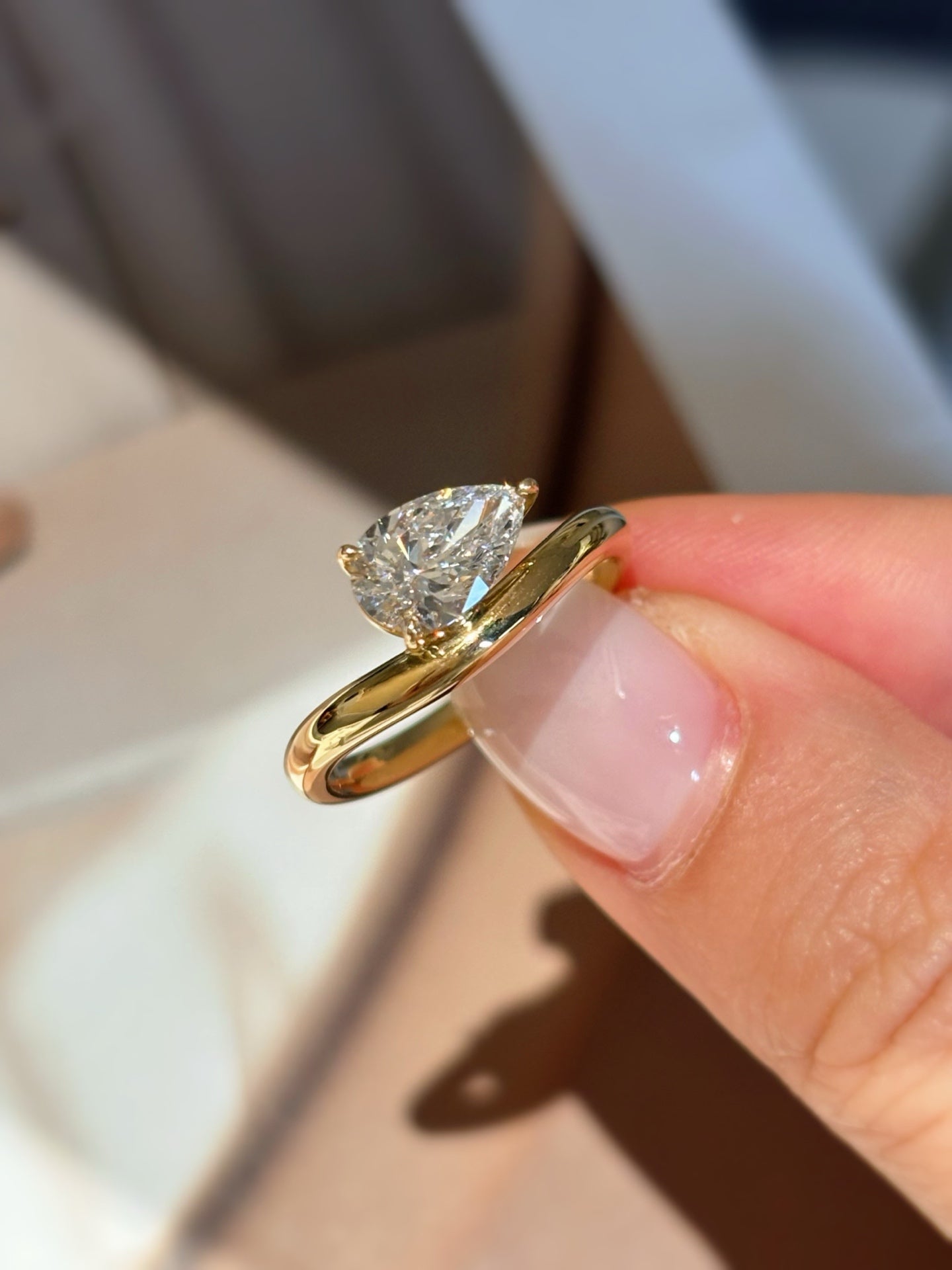 Pear Cut Lab Grown Diamond Solitaire Engagement Ring | Modern Bypass Band | 18K Gold