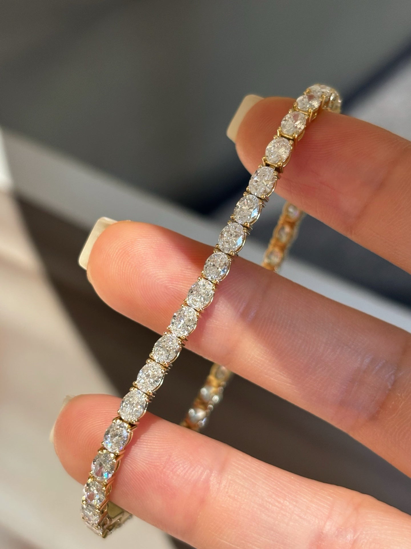 Vertical Oval Lab Grown Diamond Tennis Bracelet | Four Prong Setting | 18K Yellow Gold