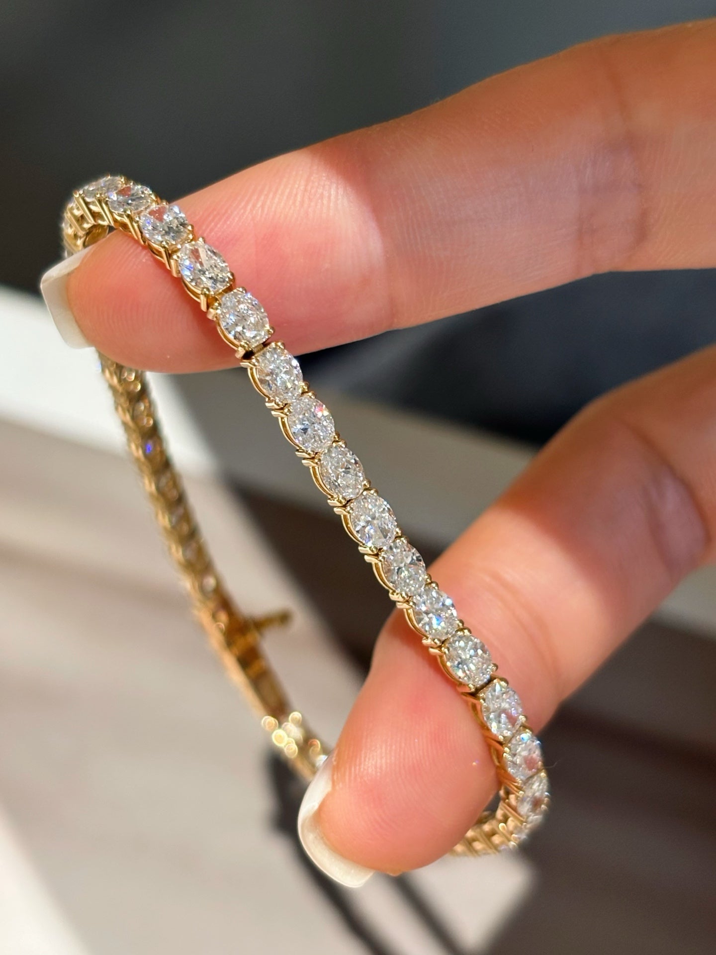 Vertical Oval Lab Grown Diamond Tennis Bracelet | Four Prong Setting | 18K Yellow Gold