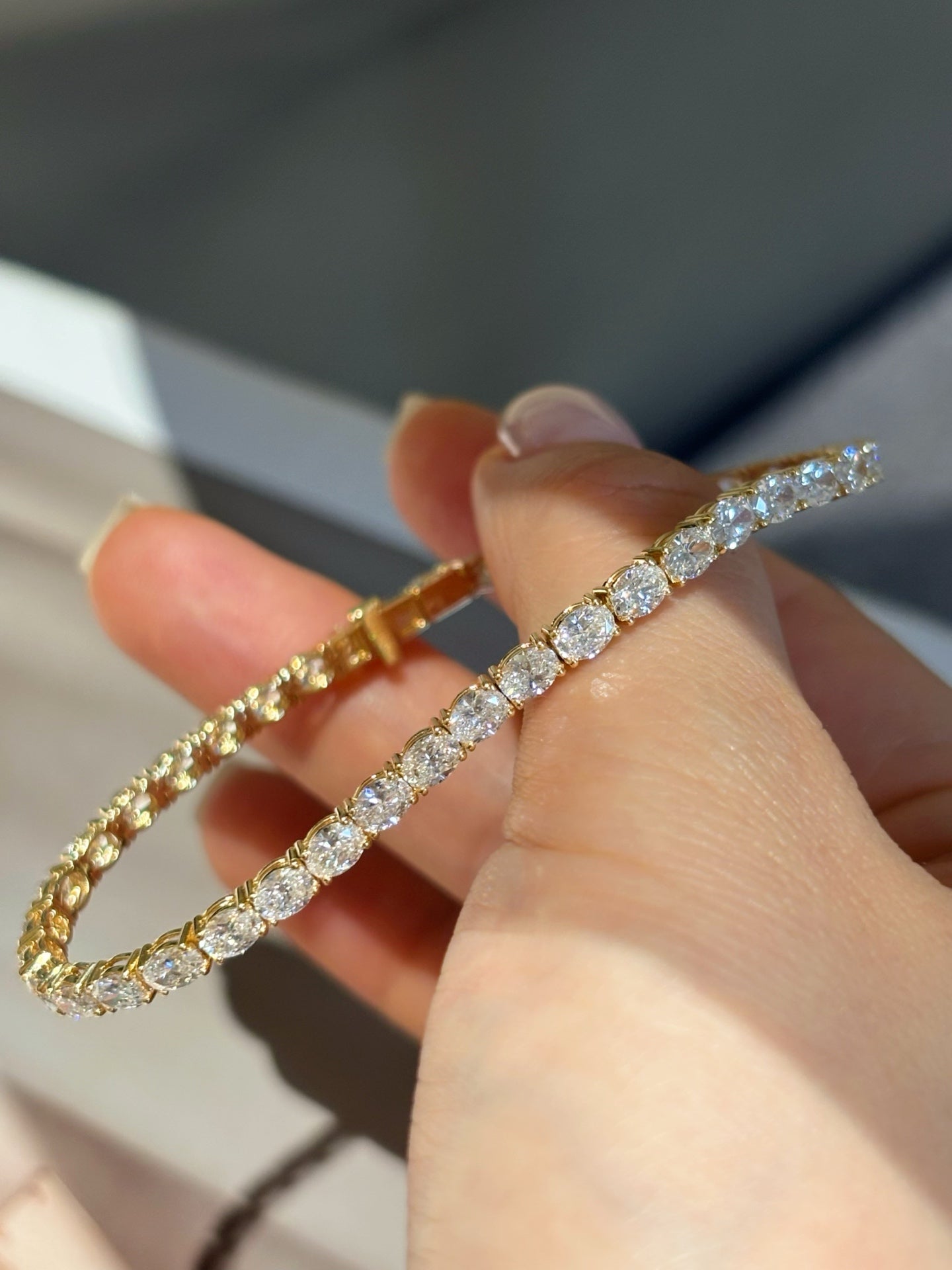 Vertical Oval Lab Grown Diamond Tennis Bracelet | Four Prong Setting | 18K Yellow Gold