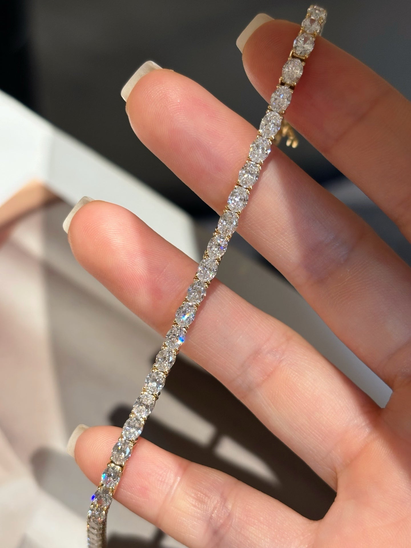 Vertical Oval Lab Grown Diamond Tennis Bracelet | Four Prong Setting | 18K Yellow Gold