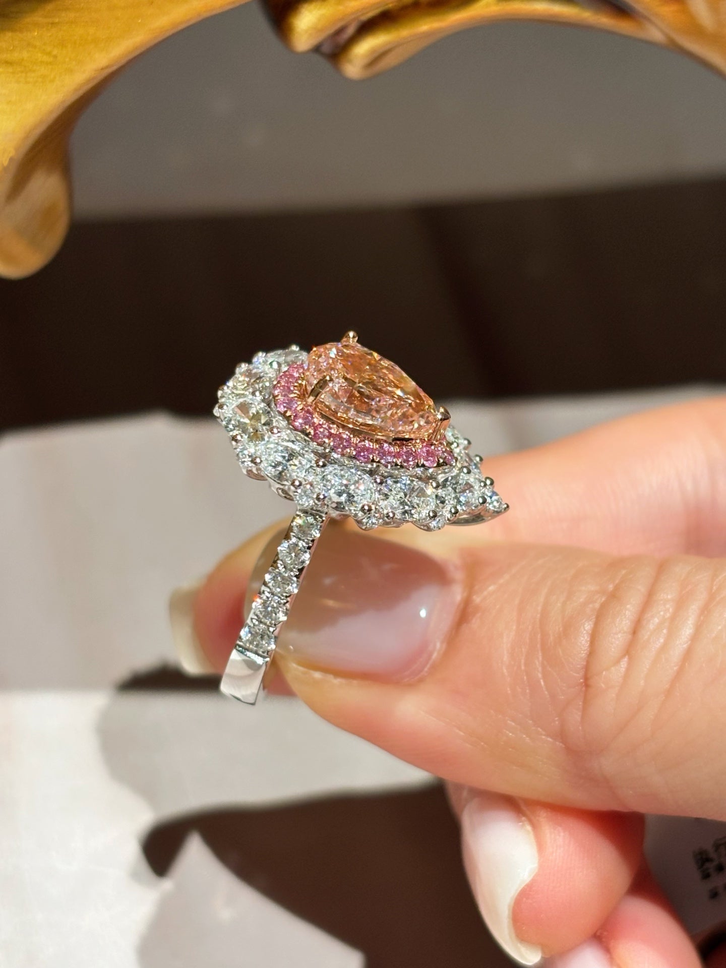 Luxe Double Halo Pink Diamond Ring | Rare Blush Pear-Shaped Cocktail Ring| Lab-Grown Gemstone