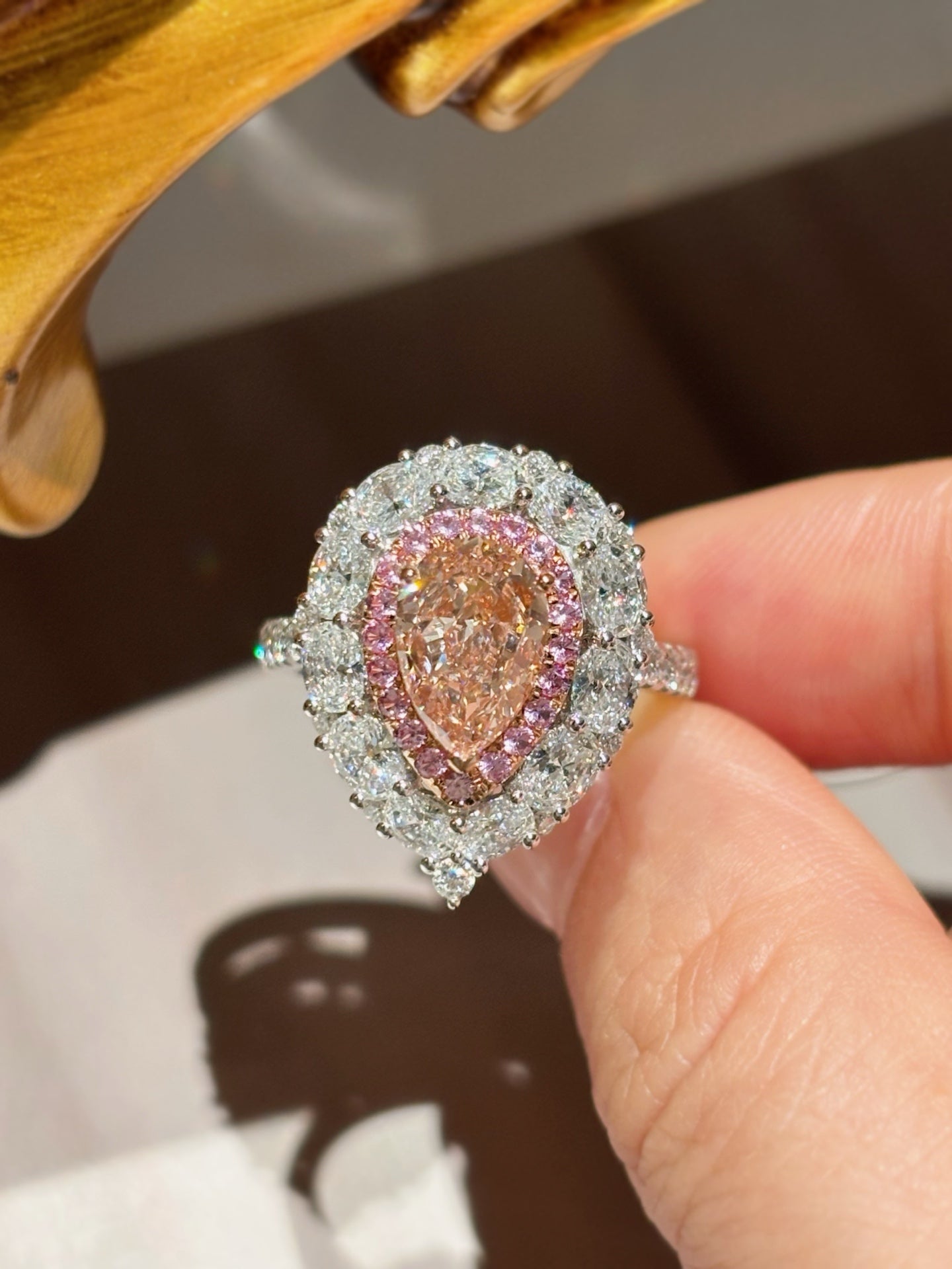 Luxe Double Halo Pink Diamond Ring | Rare Blush Pear-Shaped Cocktail Ring| Lab-Grown Gemstone