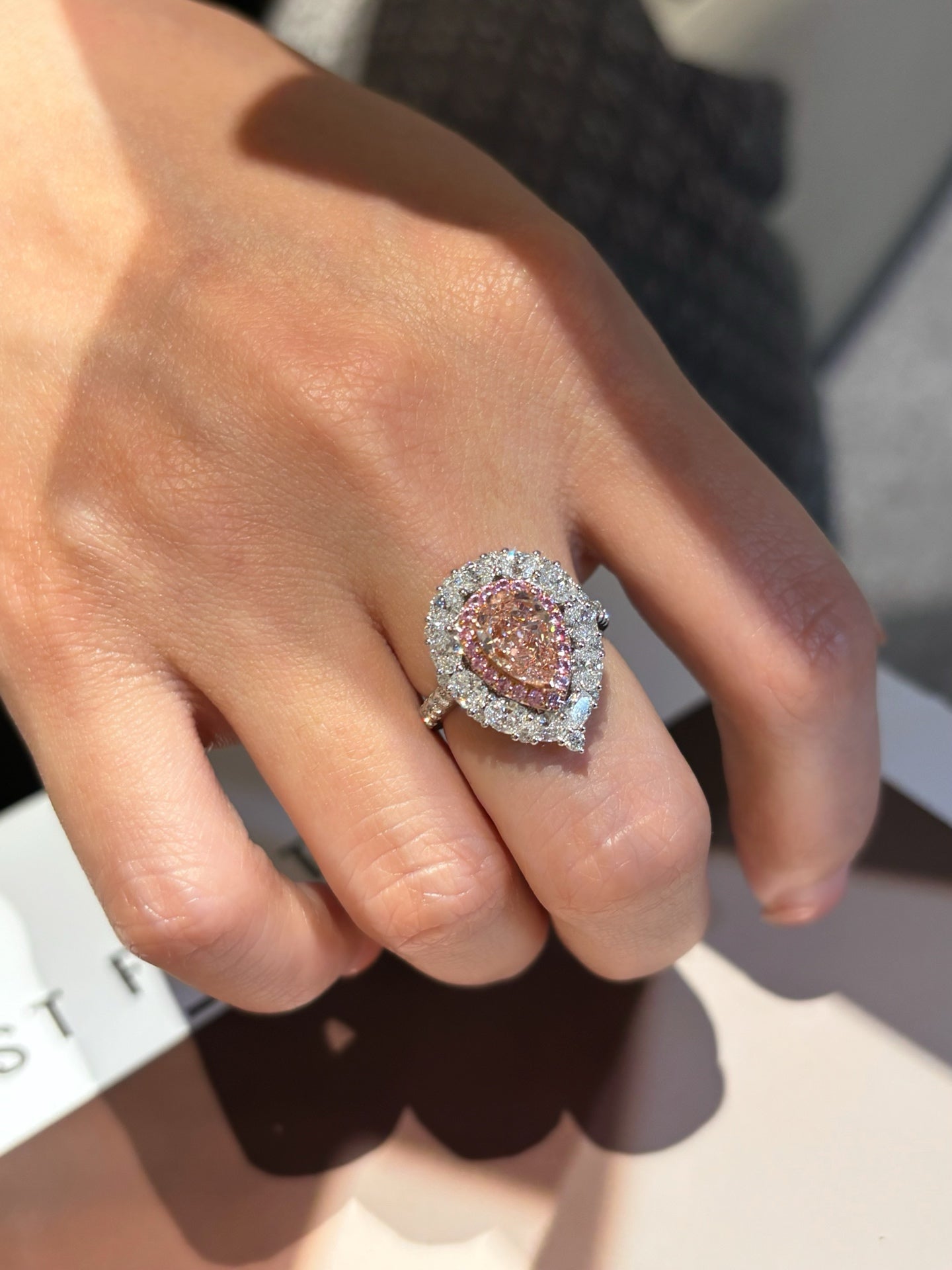 Luxe Double Halo Pink Diamond Ring | Rare Blush Pear-Shaped Cocktail Ring| Lab-Grown Gemstone