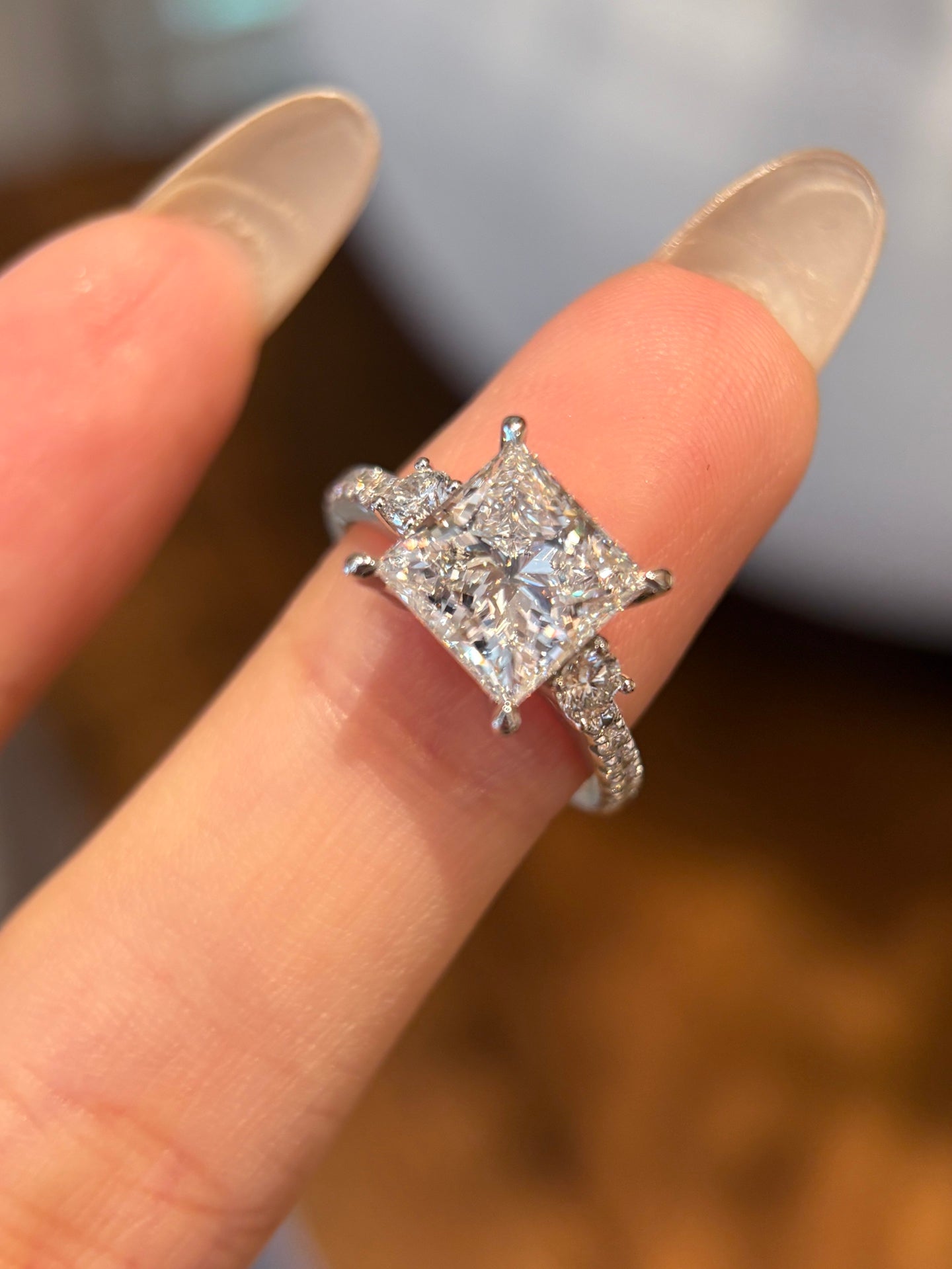 3.04ct Lab Grown Diamond Princess Cut Three-Stone Ring| Ethical Luxury Jewelry | Platinum