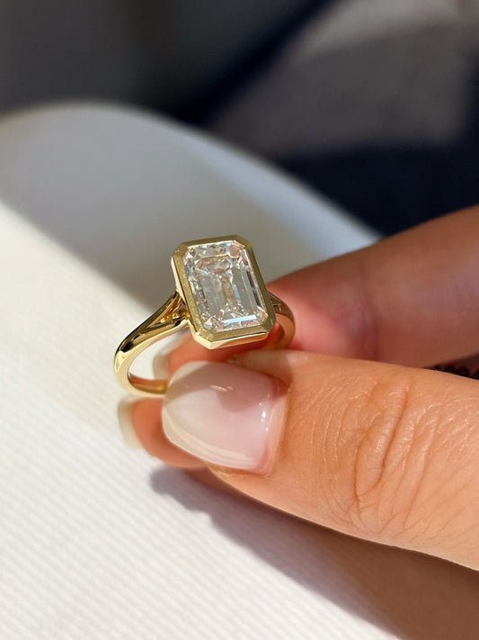 3.02ct Emerald Cut Lab Grown Diamond Bezel Solitaire Ring | 18K Yellow Gold