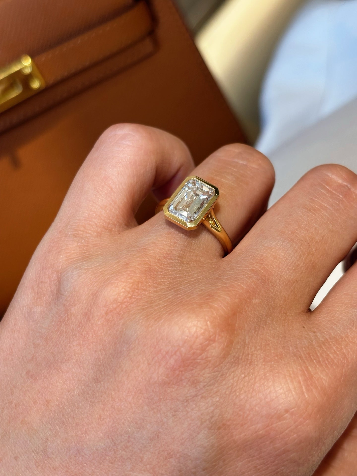 3.02ct Emerald Cut Lab Grown Diamond Bezel Solitaire Ring | 18K Yellow Gold
