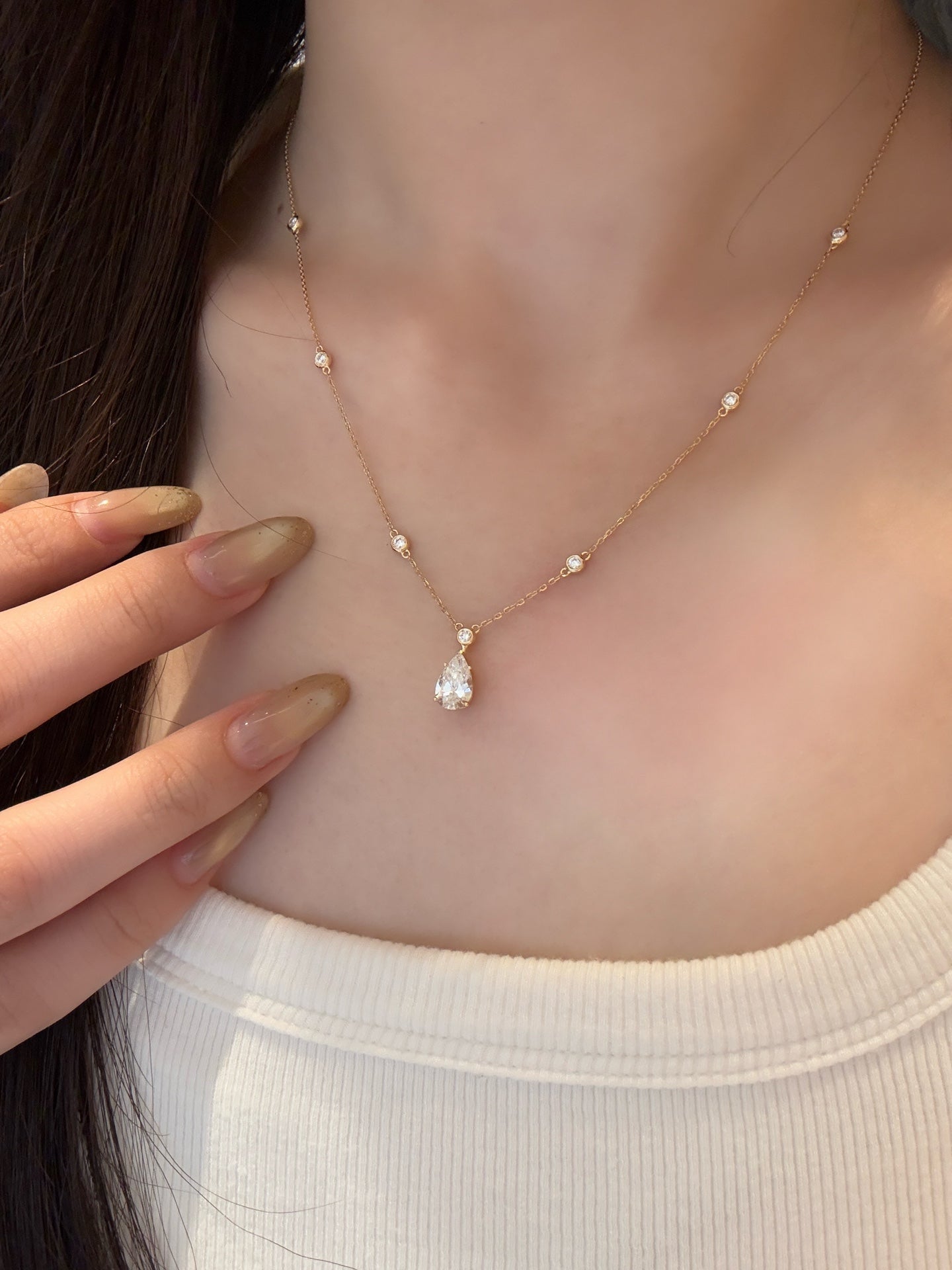 18K Solid Yellow Gold Bezel-Set Round Accent & Pear Teardrop Lab Grown Diamond Solitaire Pendant Necklace