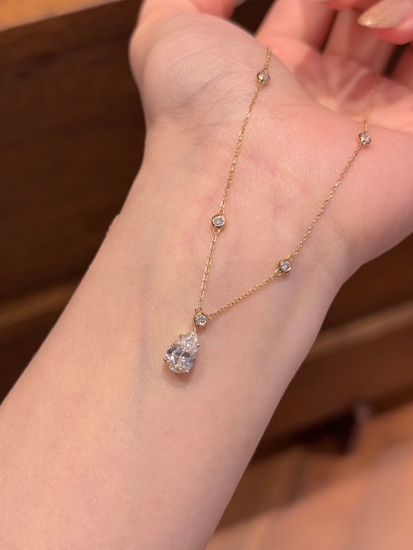 18K Solid Yellow Gold Bezel-Set Round Accent & Pear Teardrop Lab Grown Diamond Solitaire Pendant Necklace