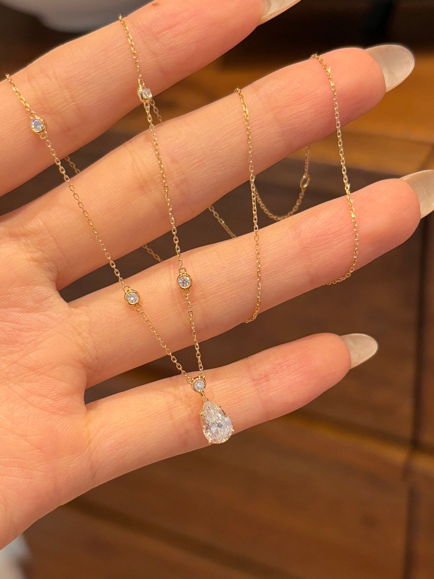 18K Solid Yellow Gold Bezel-Set Round Accent & Pear Teardrop Lab Grown Diamond Solitaire Pendant Necklace