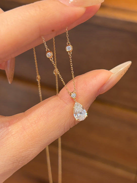 18K Solid Yellow Gold Bezel-Set Round Accent & Pear Teardrop Lab Grown Diamond Solitaire Pendant Necklace