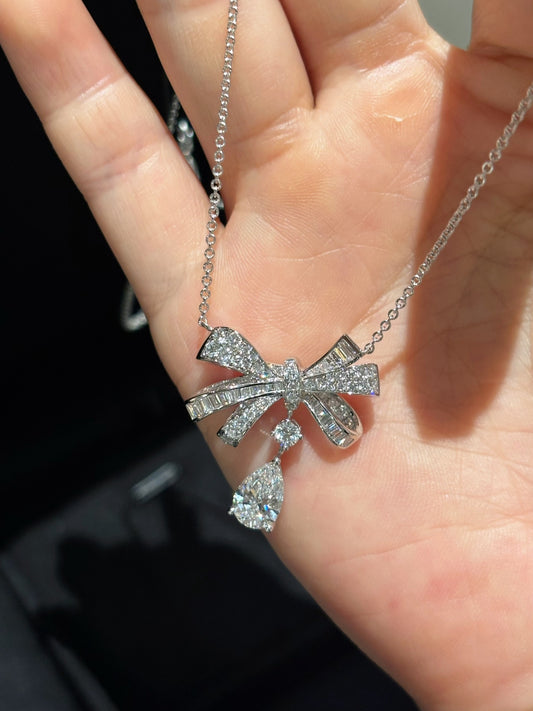Pear Cut Diamond Bow Motif Pavé & Baguette Lab Grown Diamond Pendant Necklace | 18K Gold