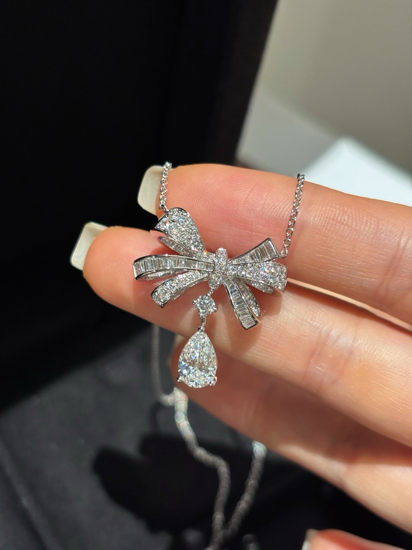 Pear Cut Diamond Bow Motif Pavé & Baguette Lab Grown Diamond Pendant Necklace | 18K Gold