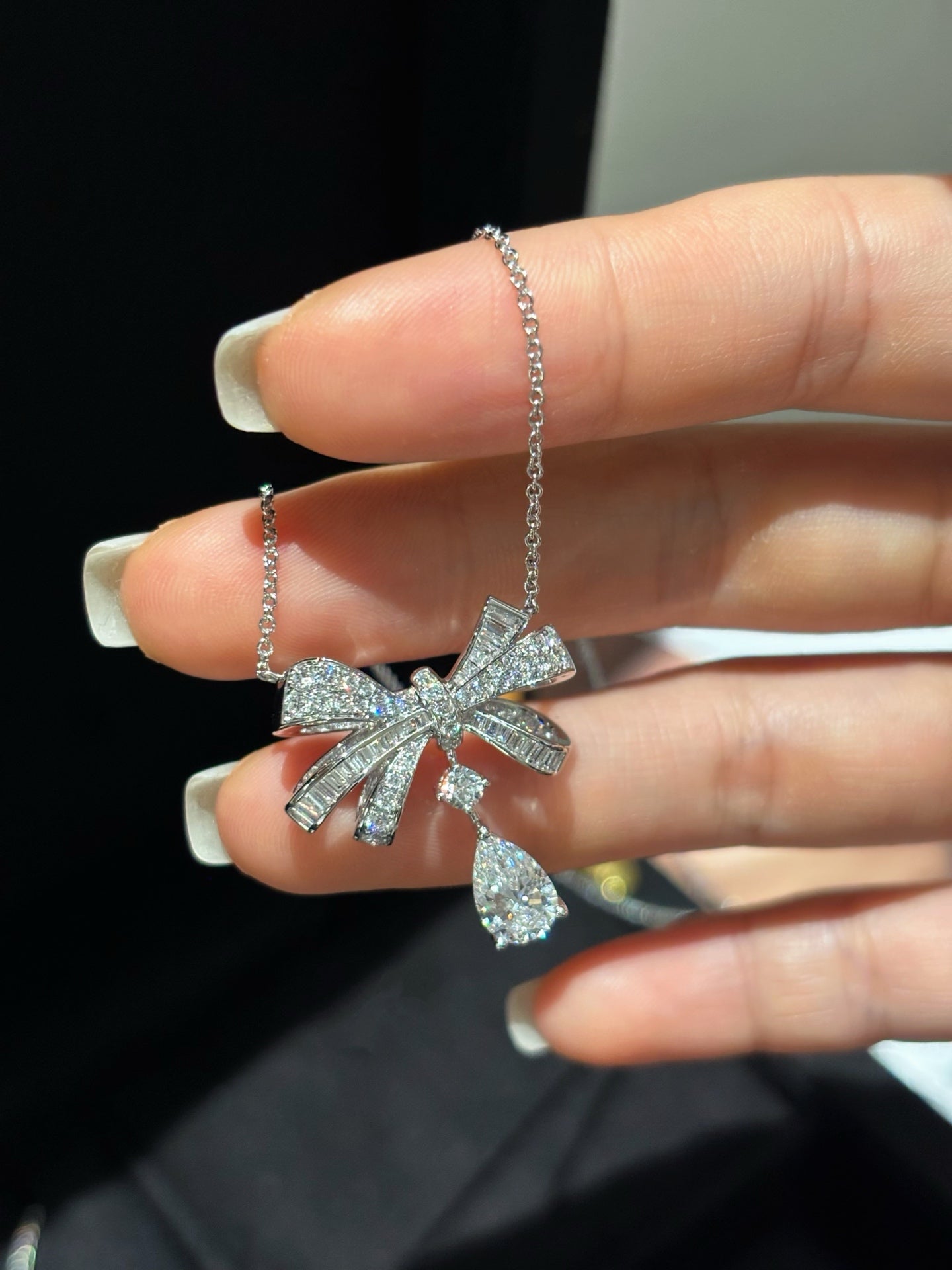 Pear Cut Diamond Bow Motif Pavé & Baguette Lab Grown Diamond Pendant Necklace | 18K Gold