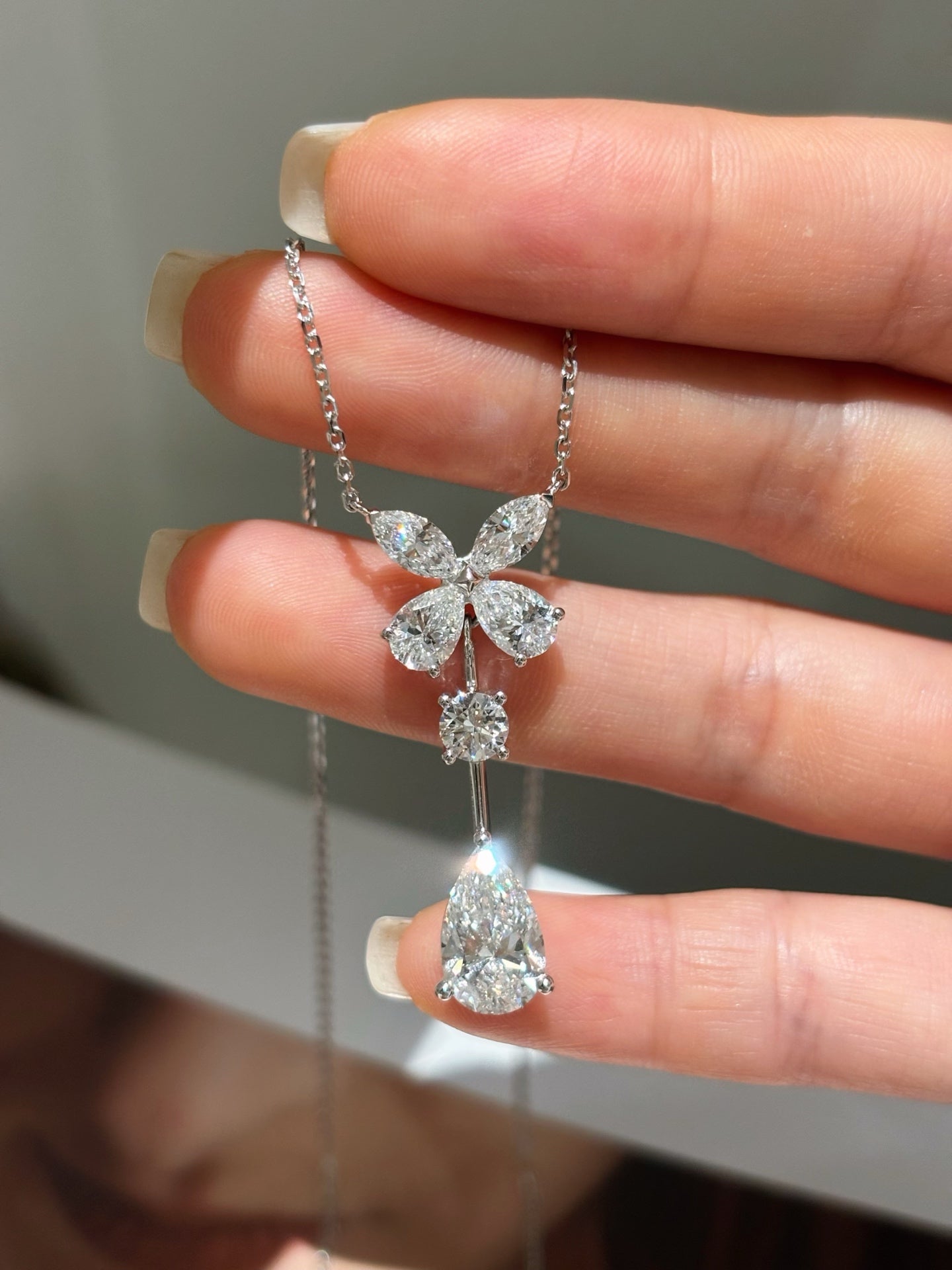 Marquise Flower Cluster Pear Cut Lab Grown Diamond Dangle Pendant Necklace | Platinum