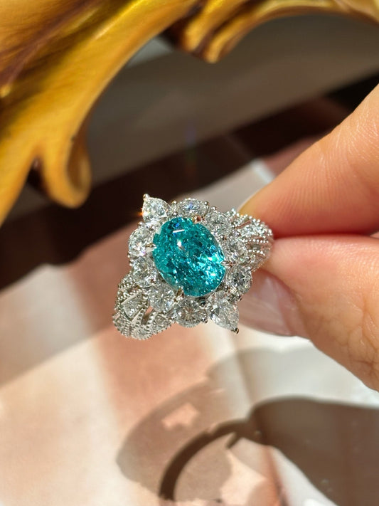 Lab-Grown Paraiba-Style Oval Gemstone Ring | Diamond Halo & Ornate | 18K Gold
