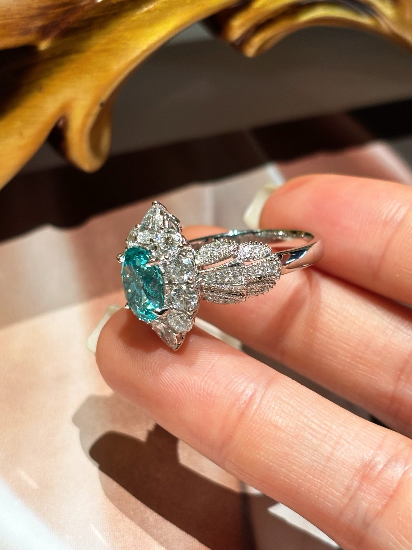 Lab-Grown Paraiba-Style Oval Gemstone Ring | Diamond Halo & Ornate | 18K Gold