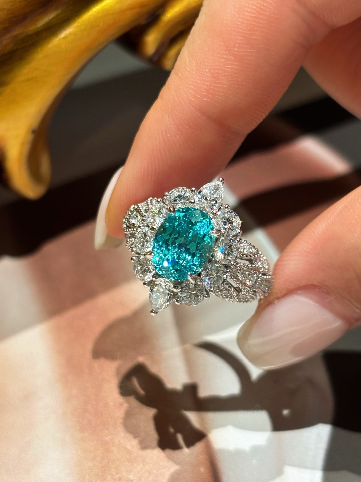 Lab-Grown Paraiba-Style Oval Gemstone Ring | Diamond Halo & Ornate | 18K Gold