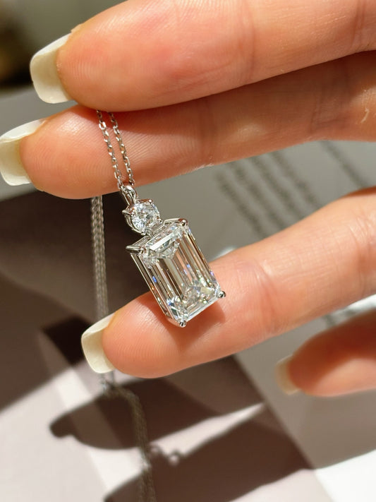 4CT Emerald Cut Lab Grown Diamond Two-Stone Minimalist Pendant Necklace | 18K Gold