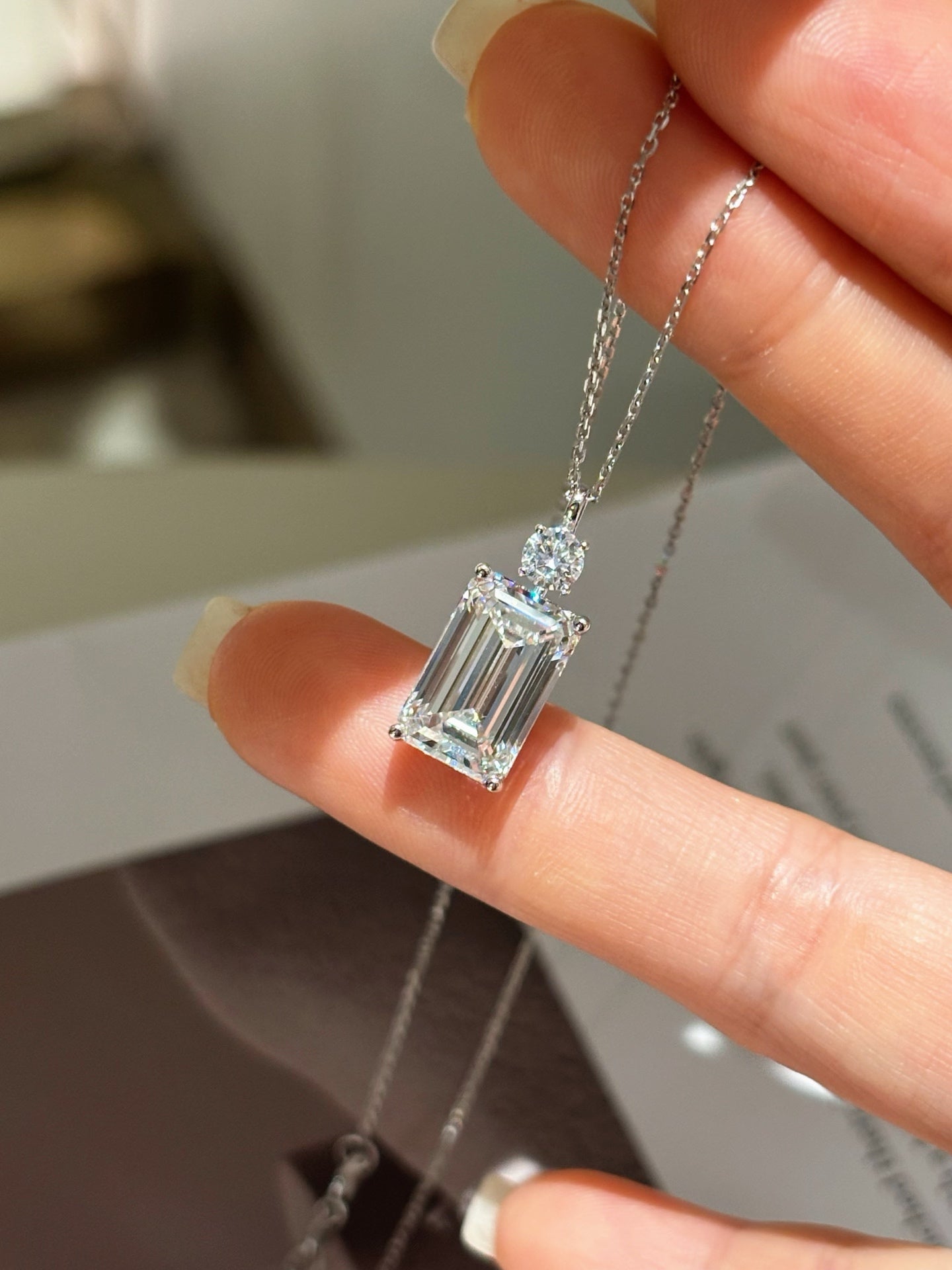 4CT Emerald Cut Lab Grown Diamond Two-Stone Minimalist Pendant Necklace | 18K Gold
