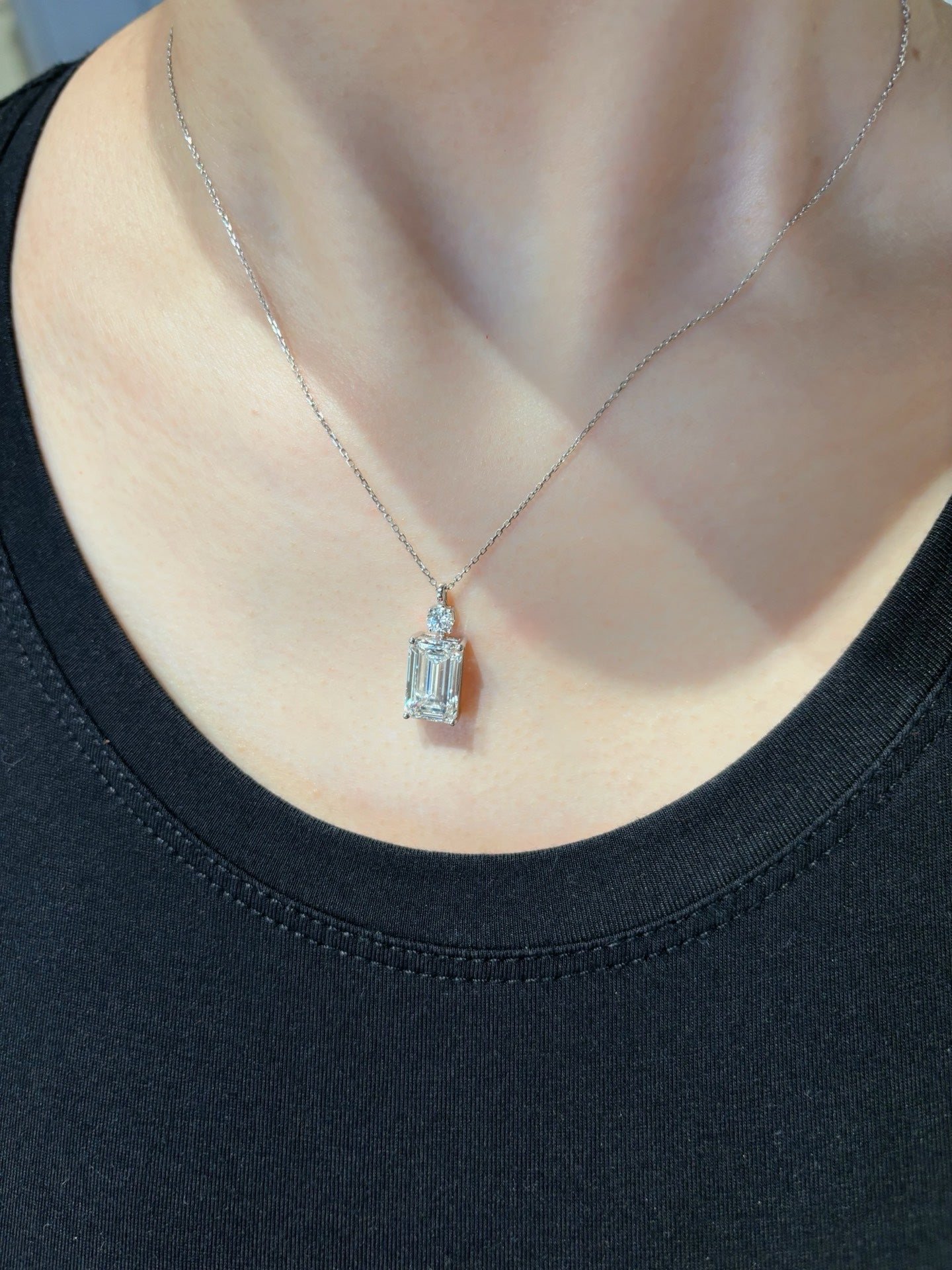 4CT Emerald Cut Lab Grown Diamond Two-Stone Minimalist Pendant Necklace | 18K Gold