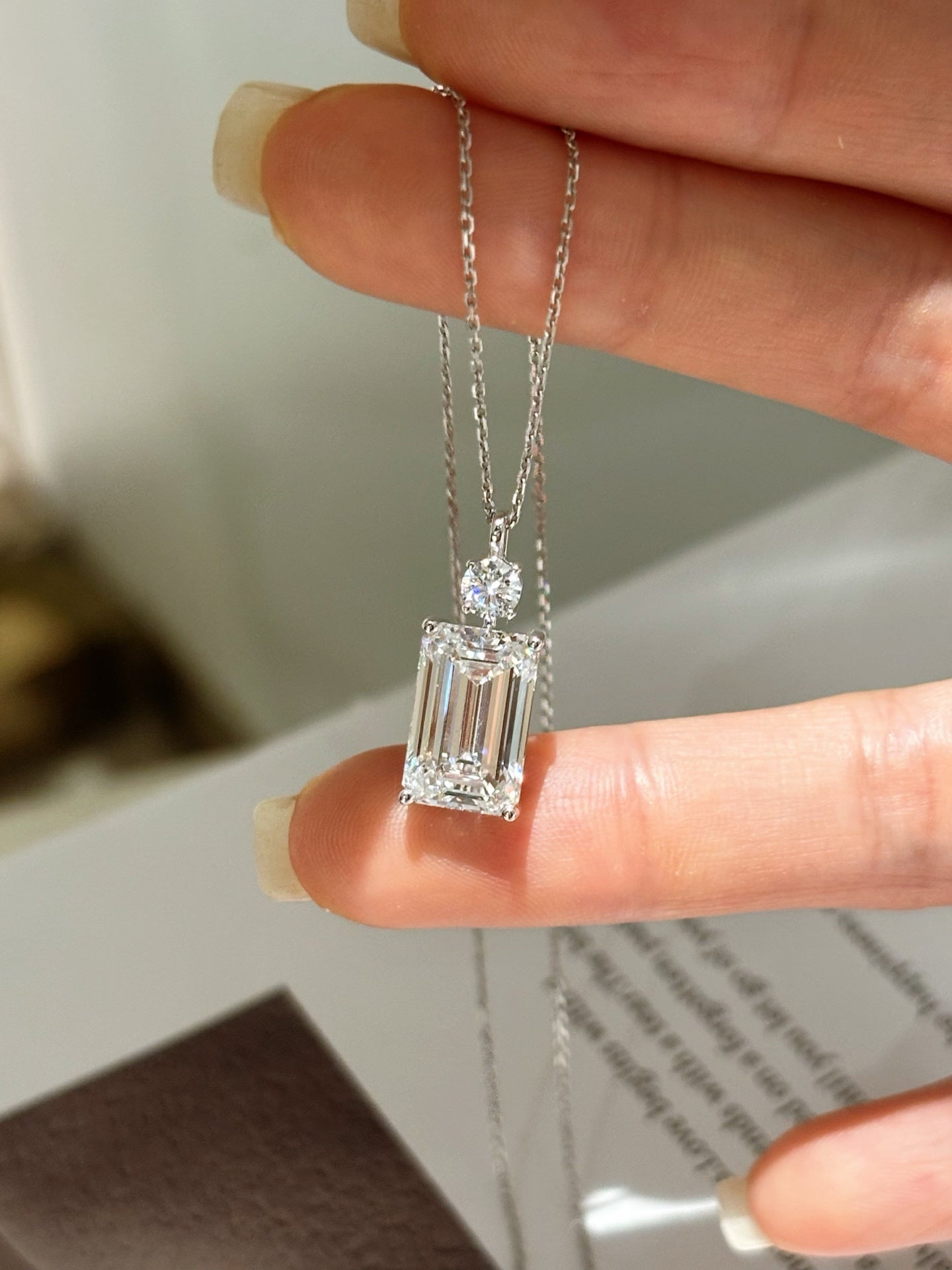 4CT Emerald Cut Lab Grown Diamond Two-Stone Minimalist Pendant Necklace | 18K Gold