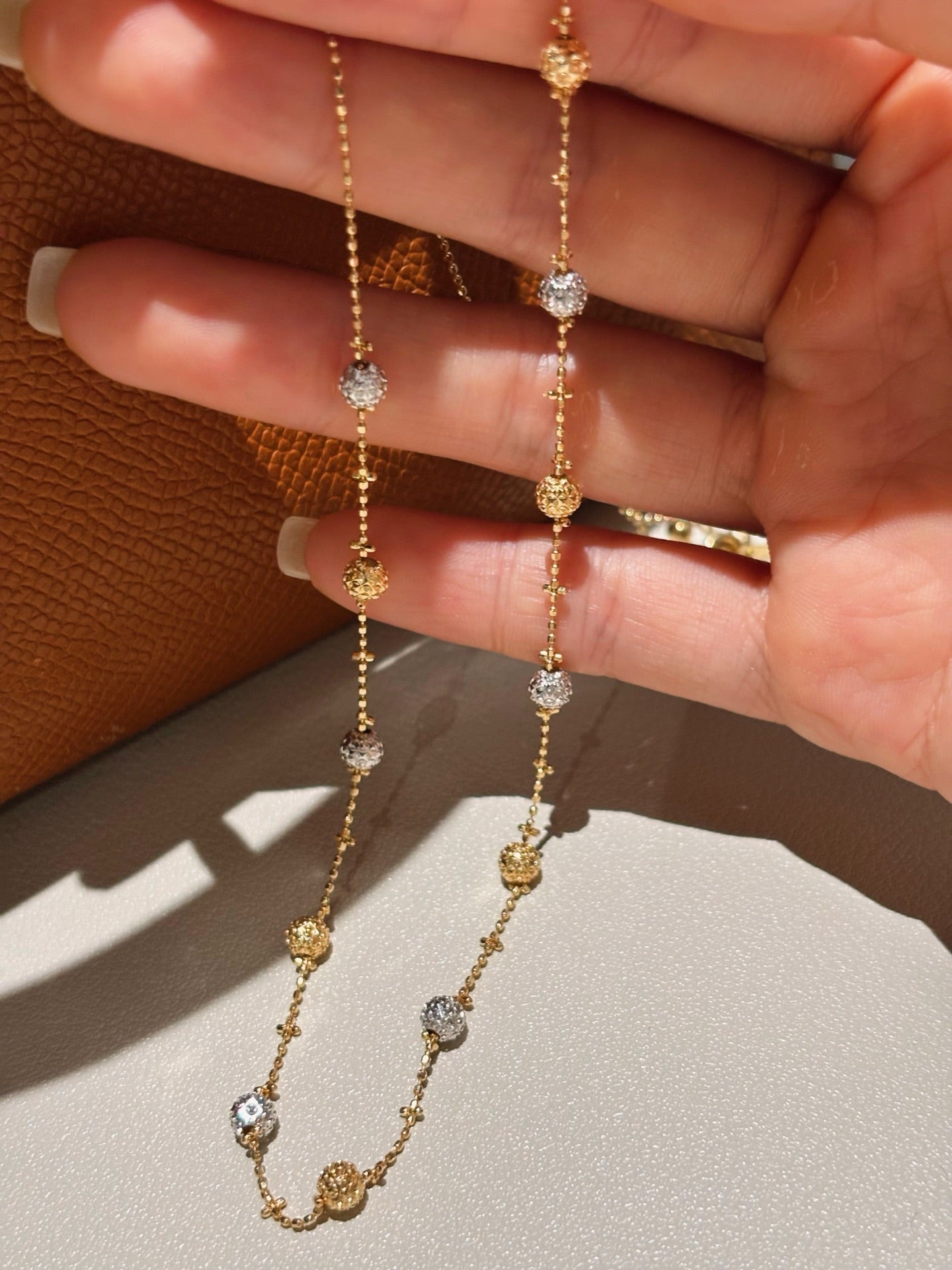 Two-Tone Solid Gold Pavé Diamond Bead & Textured Gold Ball Station Chain Necklace | 18K Gold