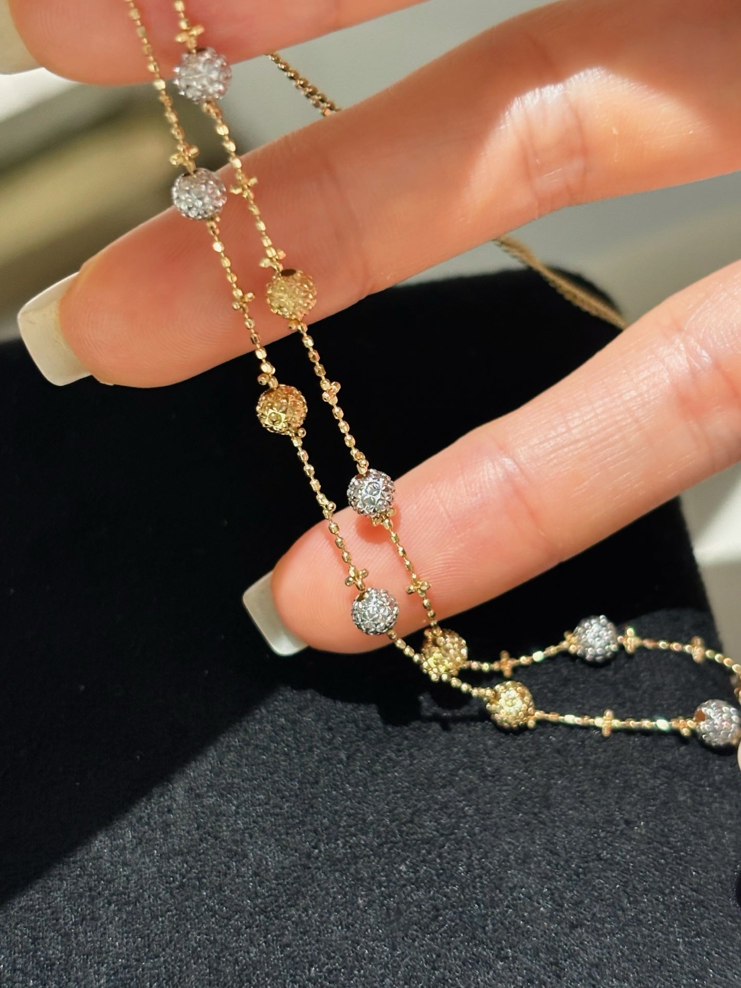 Two-Tone Solid Gold Pavé Diamond Bead & Textured Gold Ball Station Chain Necklace | 18K Gold