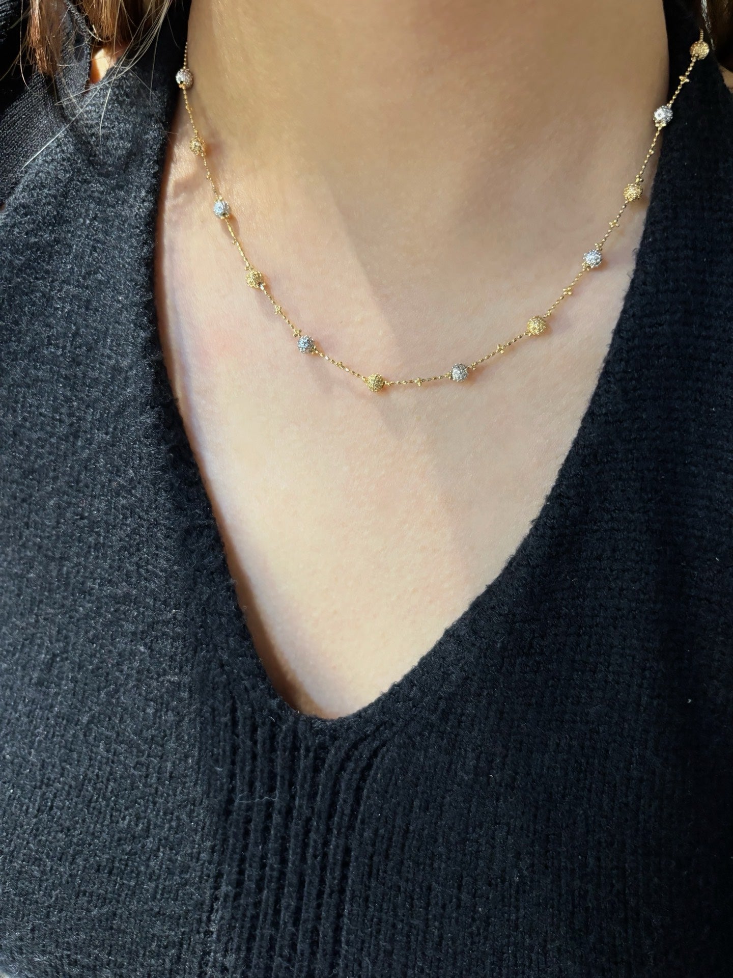 Two-Tone Solid Gold Pavé Diamond Bead & Textured Gold Ball Station Chain Necklace | 18K Gold