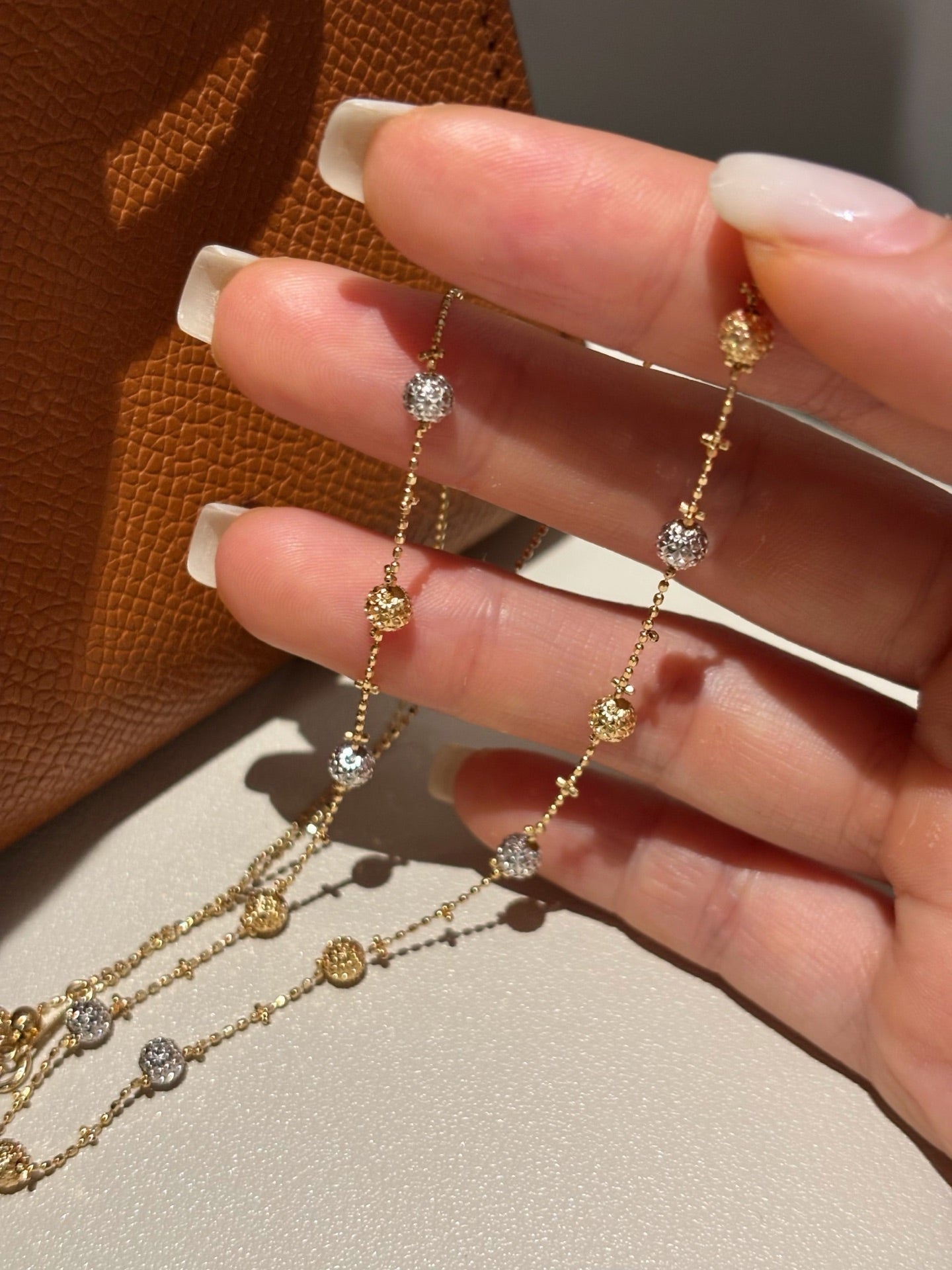 Two-Tone Solid Gold Pavé Diamond Bead & Textured Gold Ball Station Chain Necklace | 18K Gold