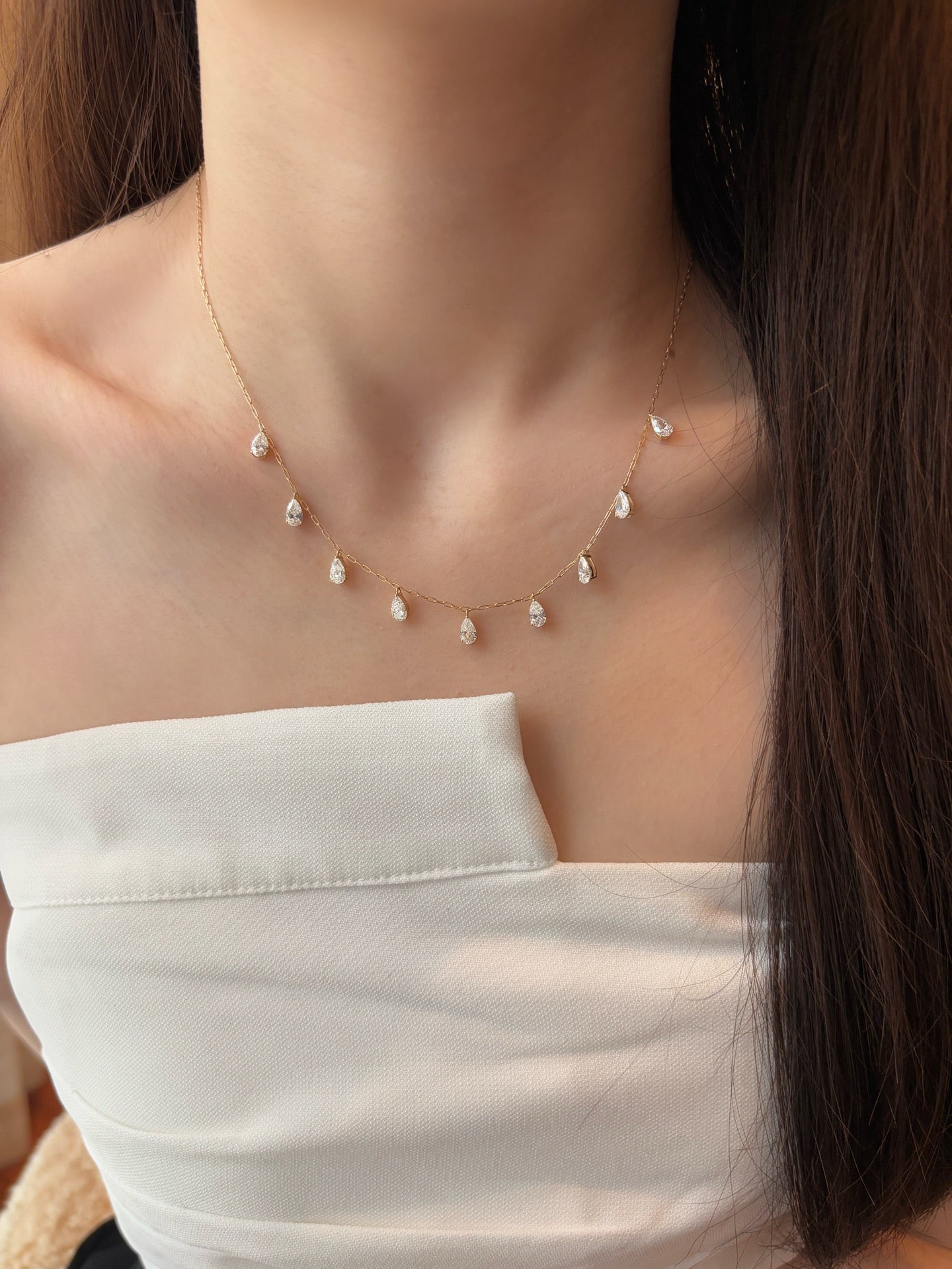Pear Teardrop Lab Grown Diamond Station Chain Collar Necklace | 18K Gold