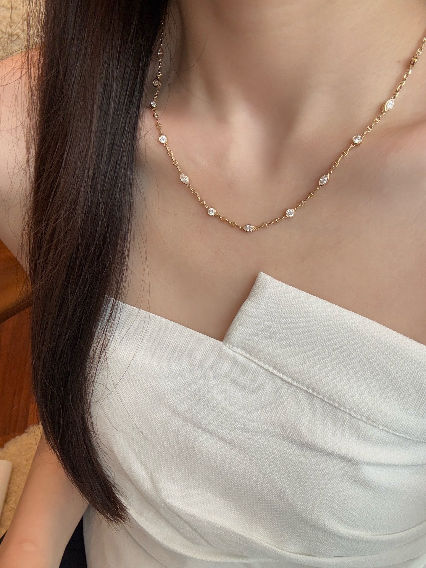Mixed-Cut Round & Marquise Lab Grown Diamond Bezel Station Chain Necklace| 18K Gold