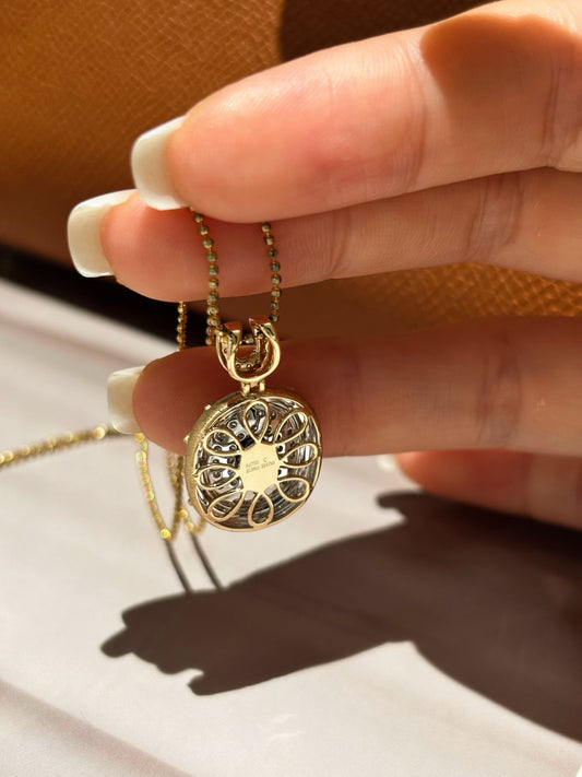 Two-Tone Solid Gold Oval Lab Grown Royal Blue Sapphire Pavé Diamond Horseshoe Motif Locket Pendant Necklace | 18K Gold