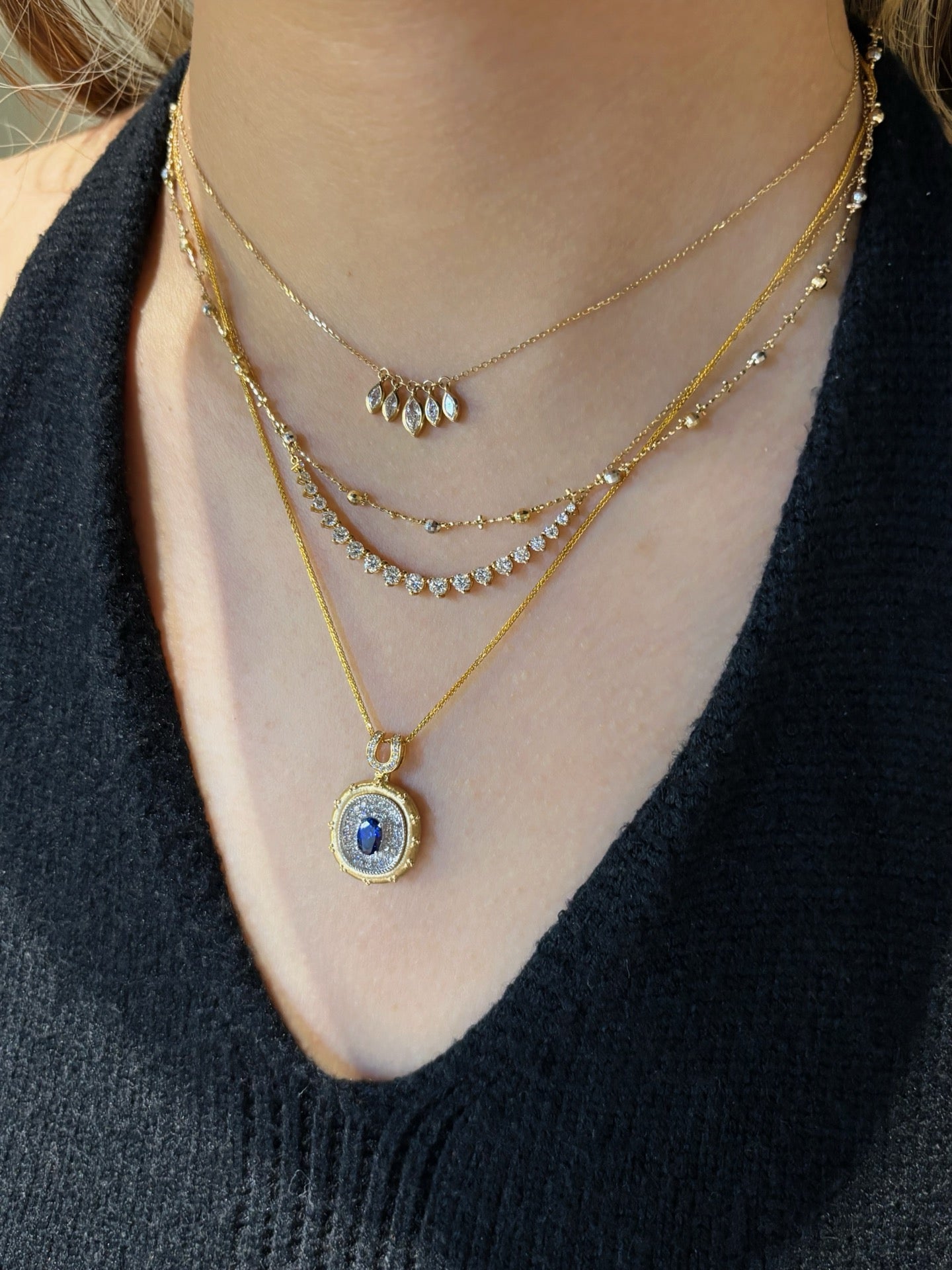 Two-Tone Solid Gold Oval Lab Grown Royal Blue Sapphire Pavé Diamond Horseshoe Motif Locket Pendant Necklace | 18K Gold