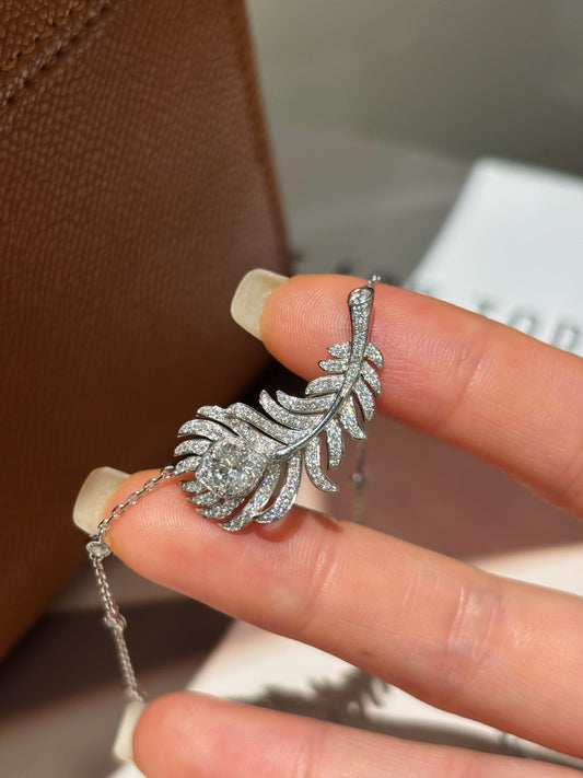 Pavé Lab Grown Diamond Peacock Feather Station Chain Necklace | Platinum
